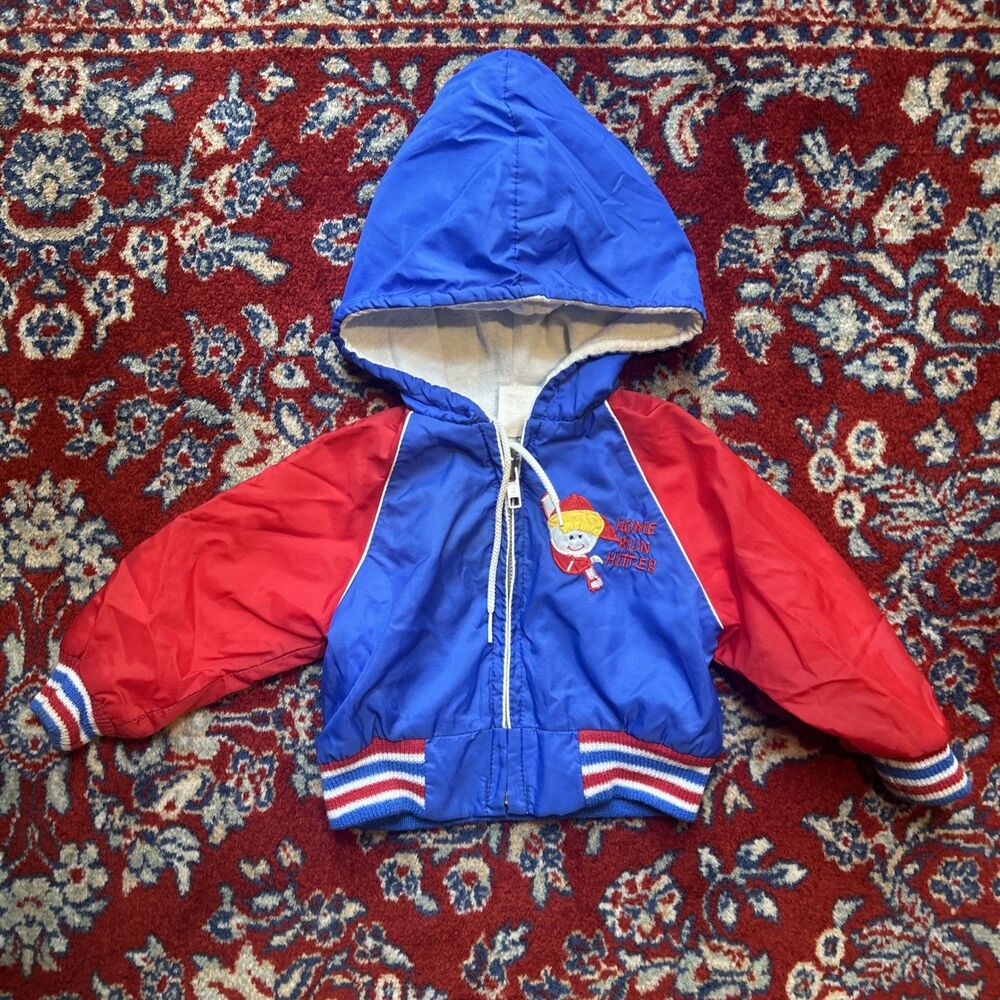 Vintage Baseball Jacket Toddler 12 Month Blue Red Hooded Full Zip 60s 70s